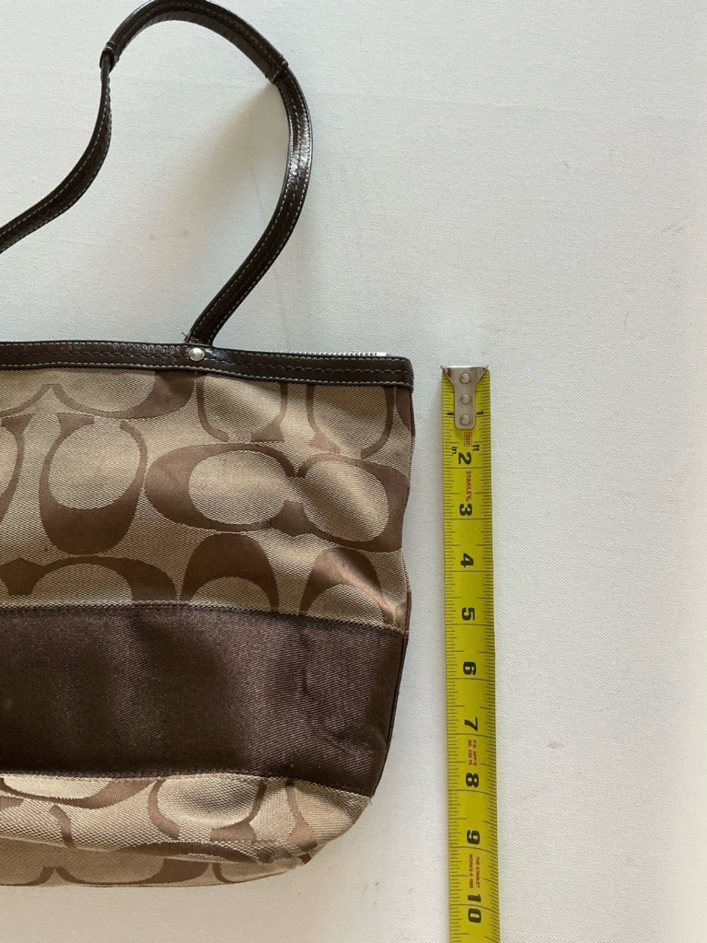 Coach Signature C Stripe Canvas Tote Shoulder Bag Brown Leather Trim Zip Top - Picture 7 of 12